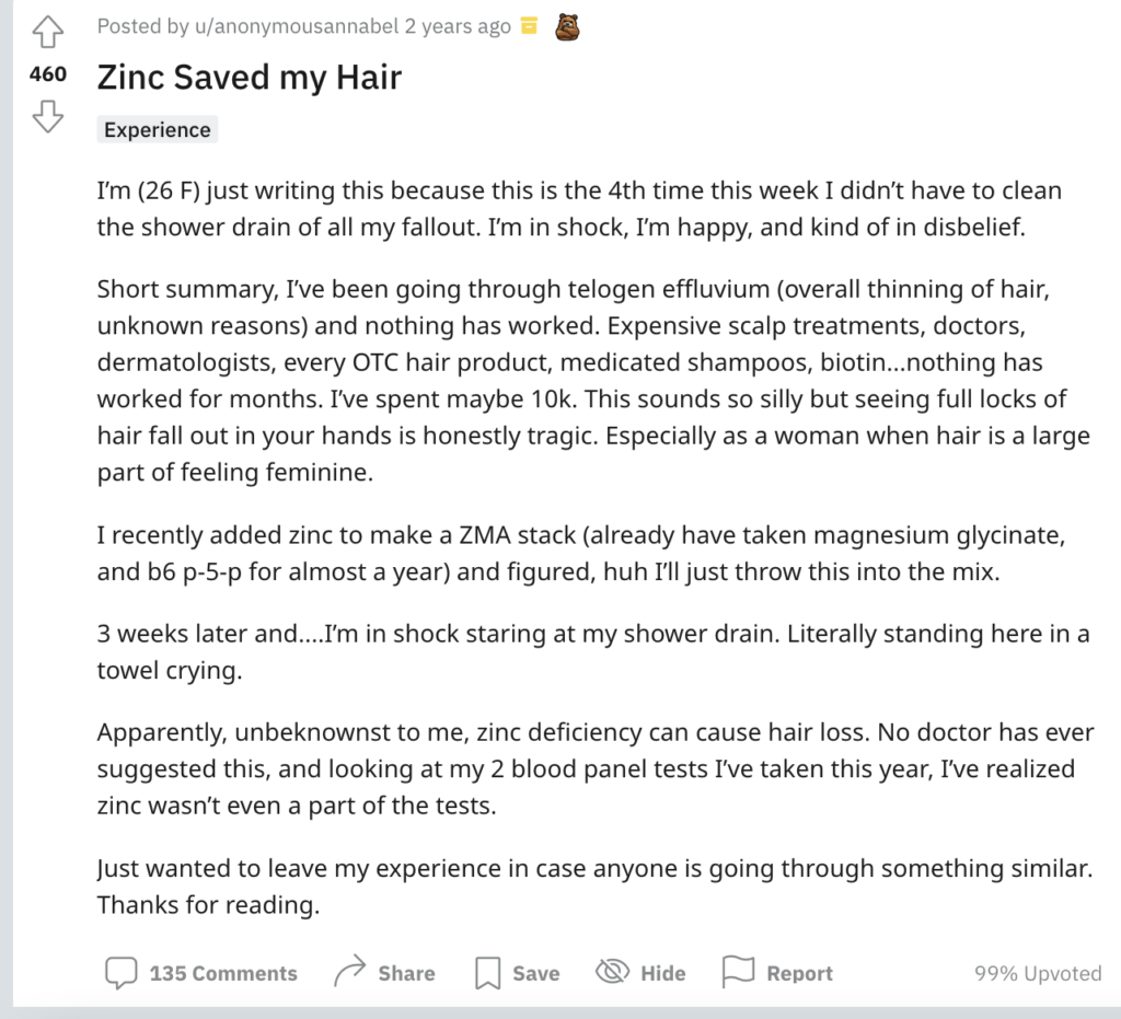 zinc saved my hair reddit