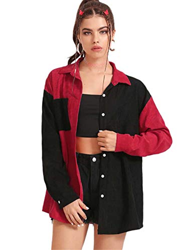 SOLY HUX Women's Long Sleeve Color Block Pocket Front Button Down Corduroy Jacket Black and Red S SOLY HUX Women's Long Sleeve Color Block Pocket Front Button Down Corduroy Jacket Black and Red S